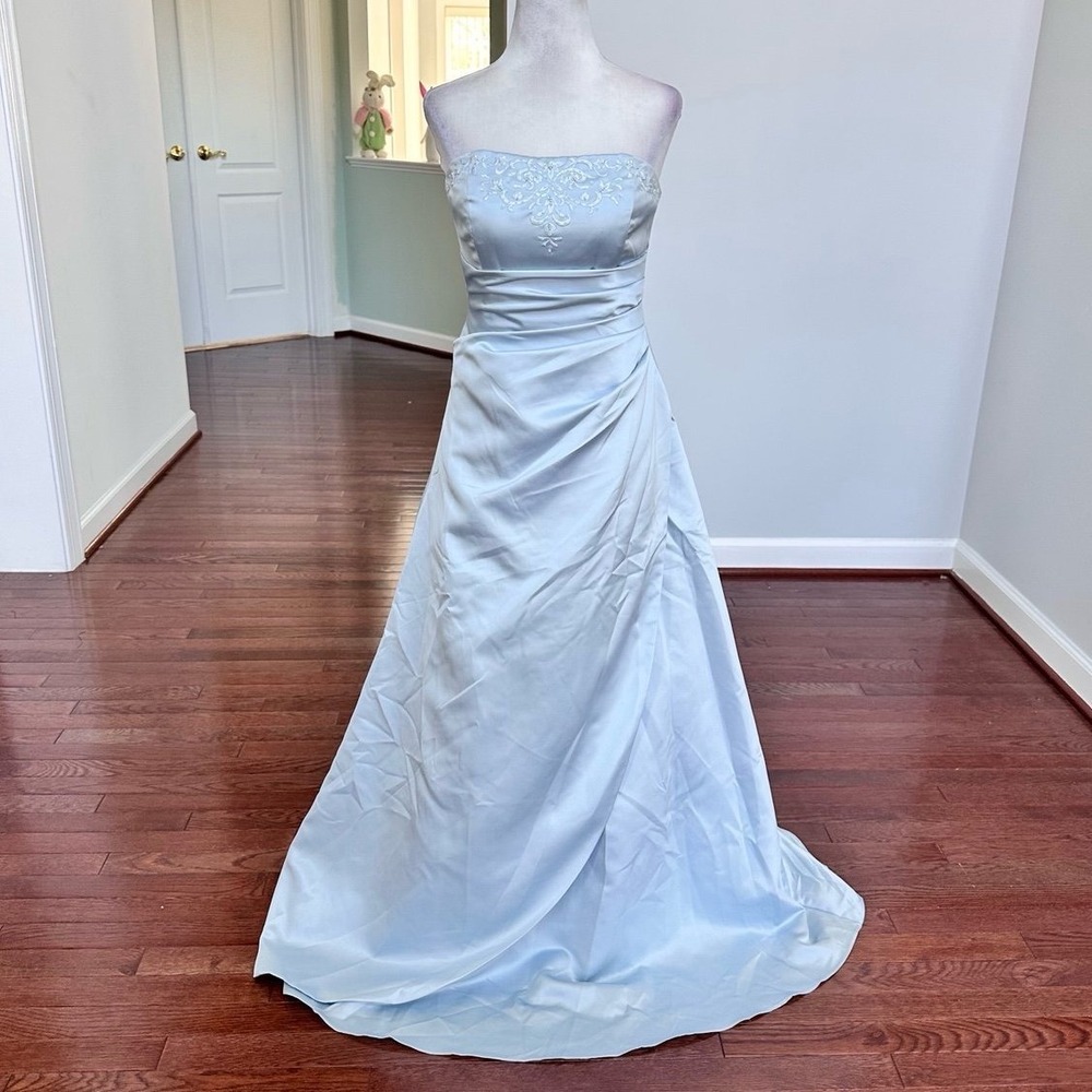 David's Bridal Strapless Baby Blue Beaded Embellished Embroidered Gown Dress